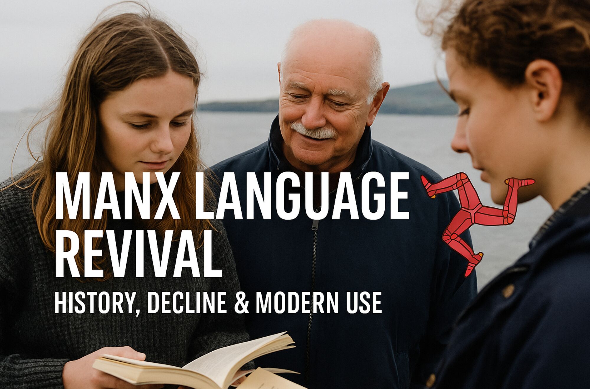 A family in the Isle of Man reading a book about the Manx language.